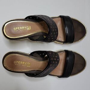 Sperry Top Sider Leather Wedges Eyelet Sisal Rope Slide On Sandals Tan Brown